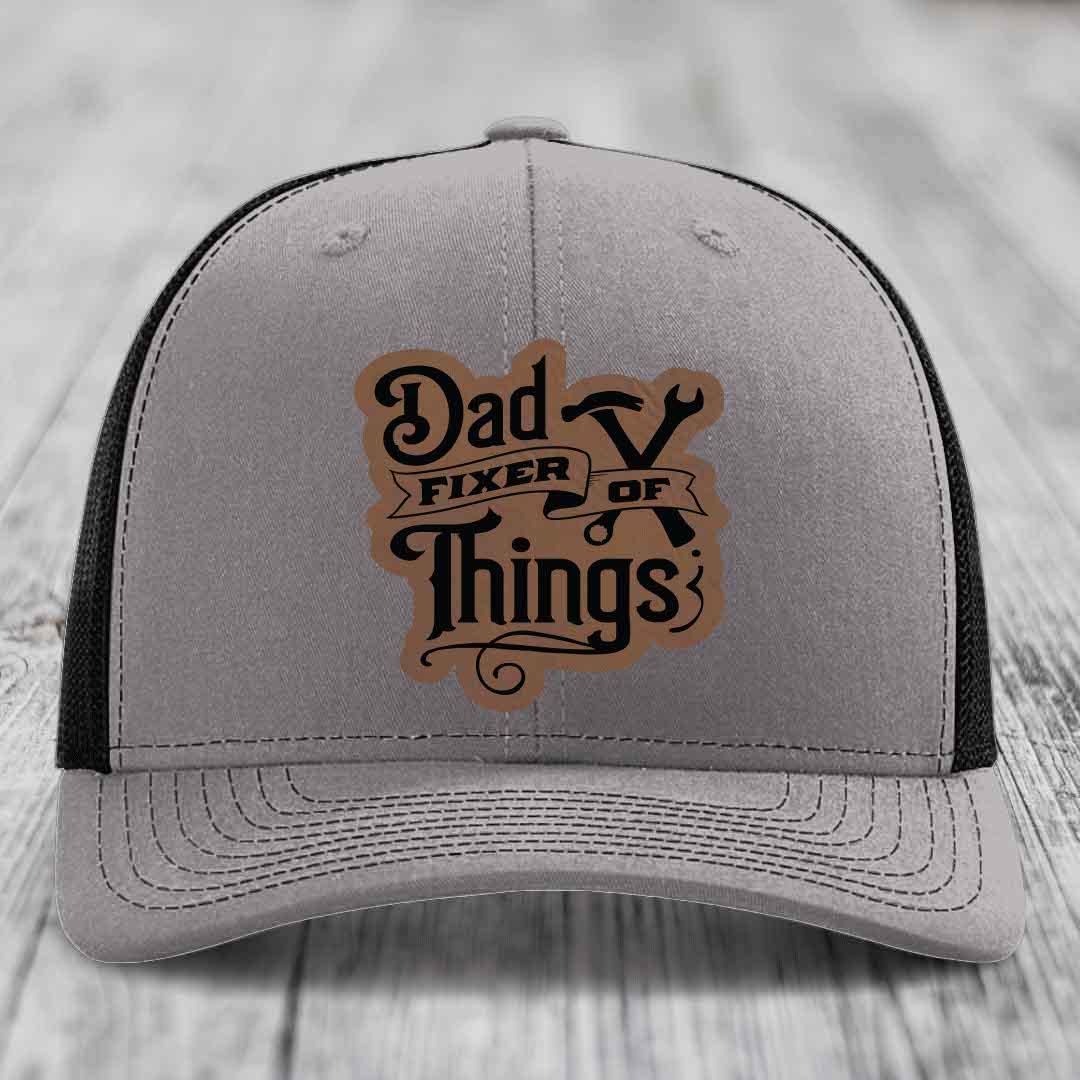Dad Fixer of Things - Leather Patch Hat - Dark Brown to Black Patch - Richardson 112 Snapback Trucker Hat