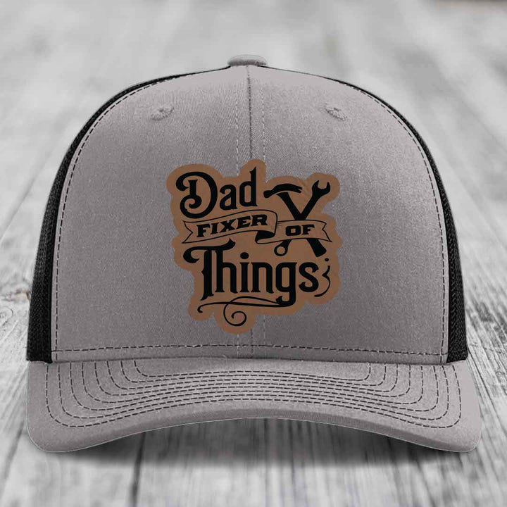 Dad Fixer of Things - Leather Patch Hat - Dark Brown to Black Patch - Richardson 112 Snapback Trucker Hat
