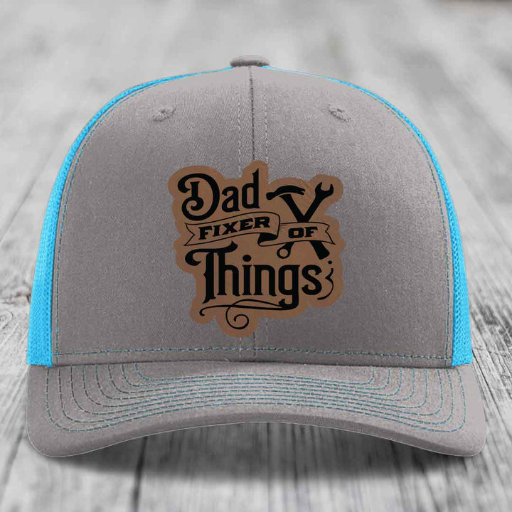 Dad Fixer of Things - Leather Patch Hat - Dark Brown to Black Patch - Richardson 112 Snapback Trucker Hat