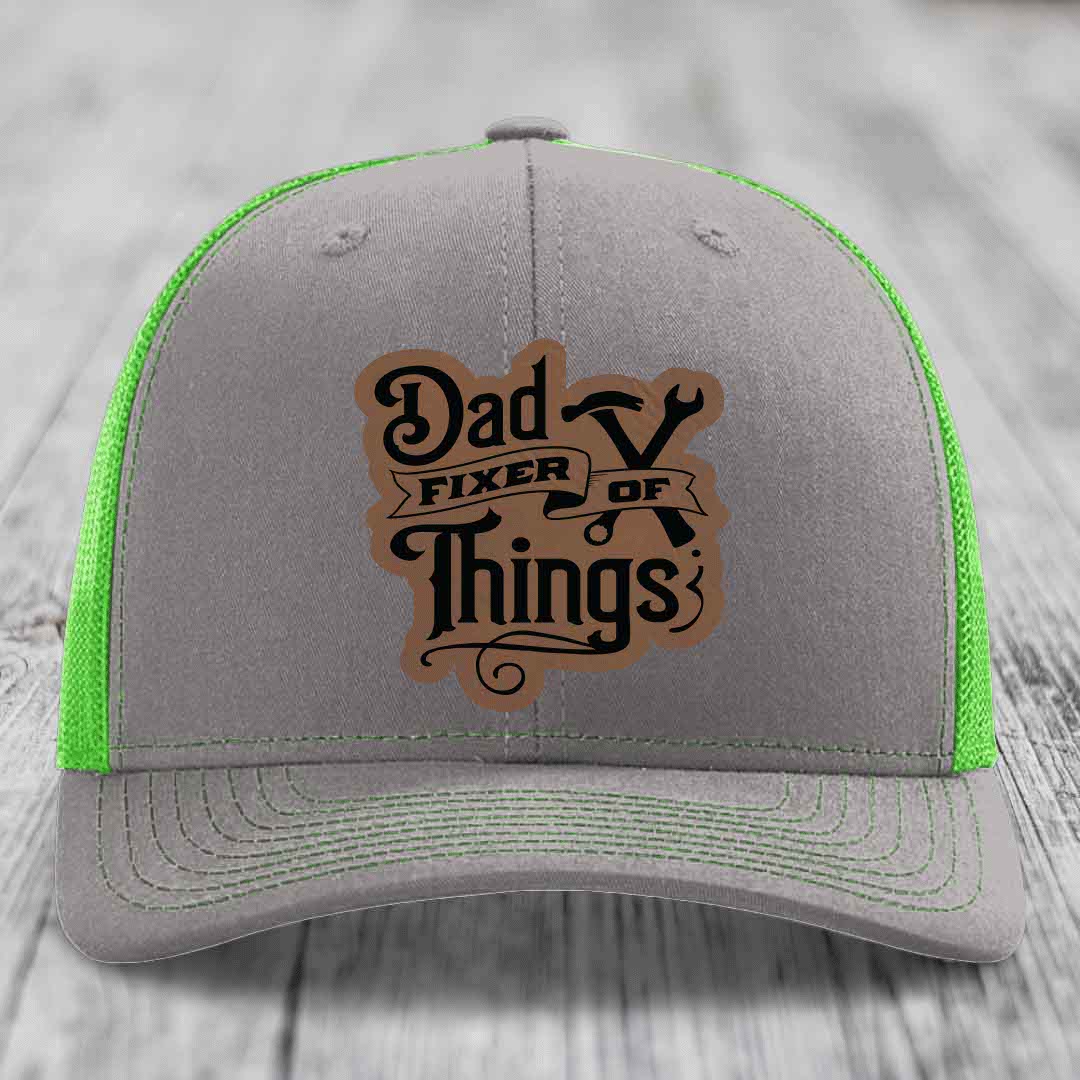 Dad Fixer of Things - Leather Patch Hat - Dark Brown to Black Patch - Richardson 112 Snapback Trucker Hat