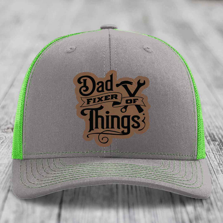 Dad Fixer of Things - Leather Patch Hat - Dark Brown to Black Patch - Richardson 112 Snapback Trucker Hat