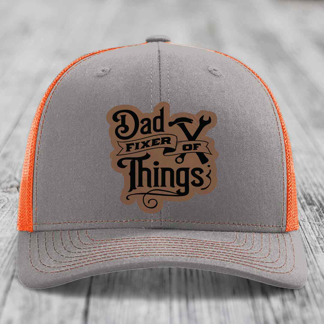 Dad Fixer of Things - Leather Patch Hat - Dark Brown to Black Patch - Richardson 112 Snapback Trucker Hat