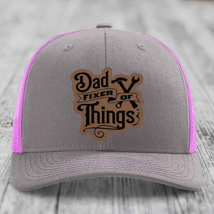 Dad Fixer of Things - Leather Patch Hat - Dark Brown to Black Patch - Richardson 112 Snapback Trucker Hat