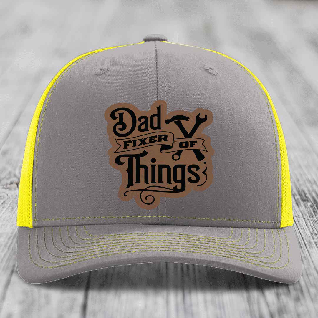 Dad Fixer of Things - Leather Patch Hat - Dark Brown to Black Patch - Richardson 112 Snapback Trucker Hat