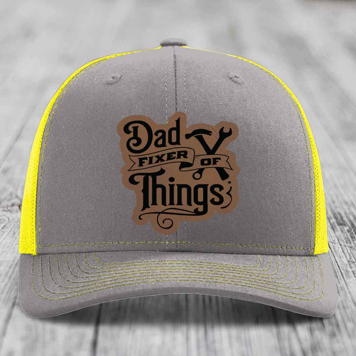 Dad Fixer of Things - Leather Patch Hat - Dark Brown to Black Patch - Richardson 112 Snapback Trucker Hat