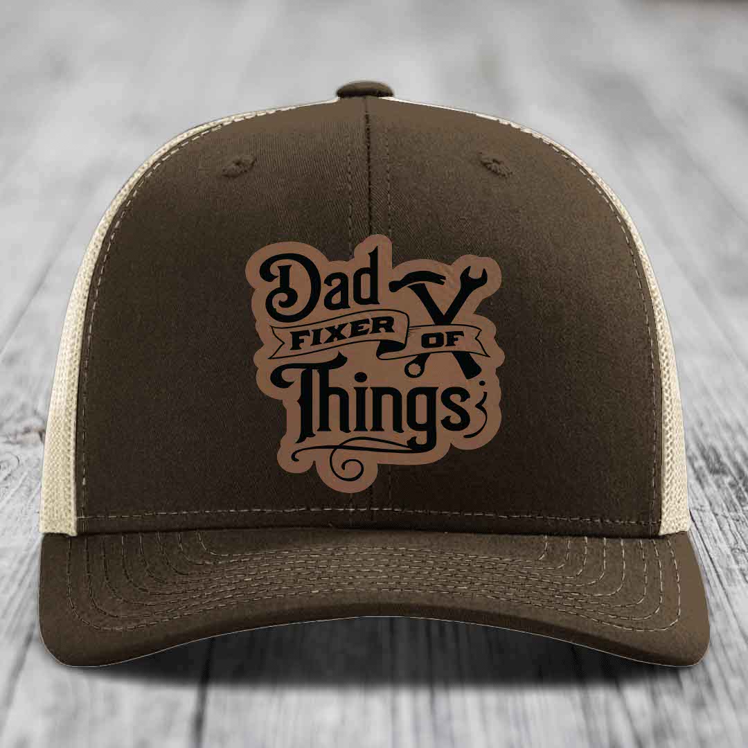Dad Fixer of Things - Leather Patch Hat - Dark Brown to Black Patch - Richardson 112 Snapback Trucker Hat