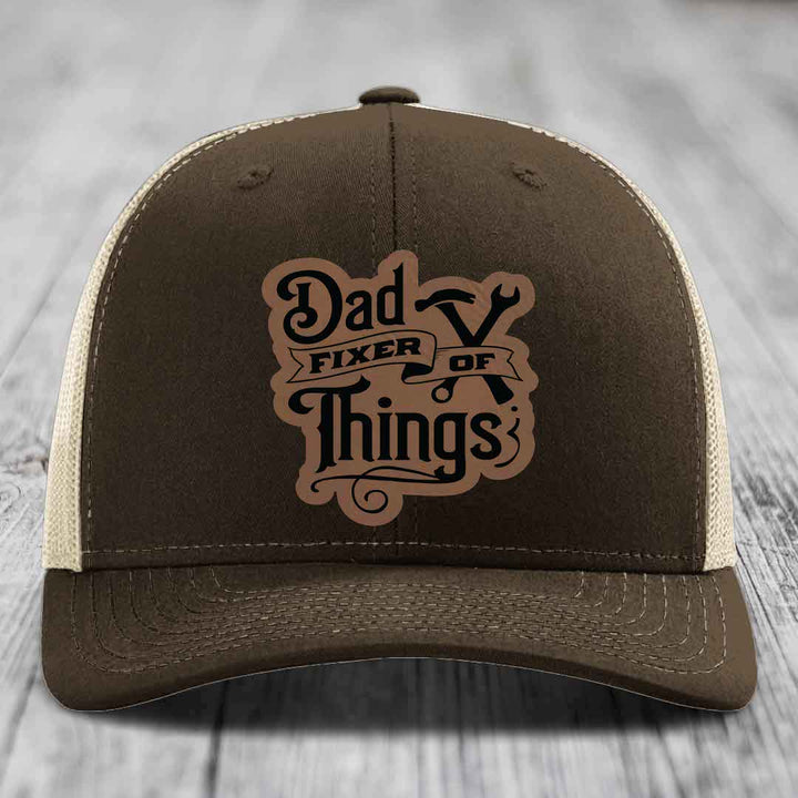 Dad Fixer of Things - Leather Patch Hat - Dark Brown to Black Patch - Richardson 112 Snapback Trucker Hat