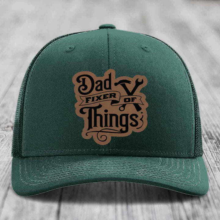 Dad Fixer of Things - Leather Patch Hat - Dark Brown to Black Patch - Richardson 112 Snapback Trucker Hat