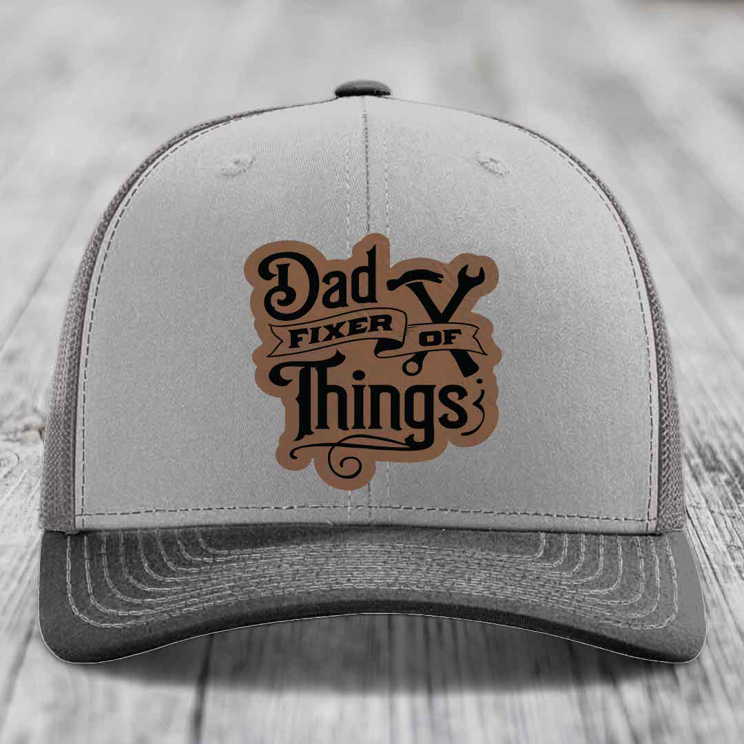 Dad Fixer of Things - Leather Patch Hat - Dark Brown to Black Patch - Richardson 112 Snapback Trucker Hat