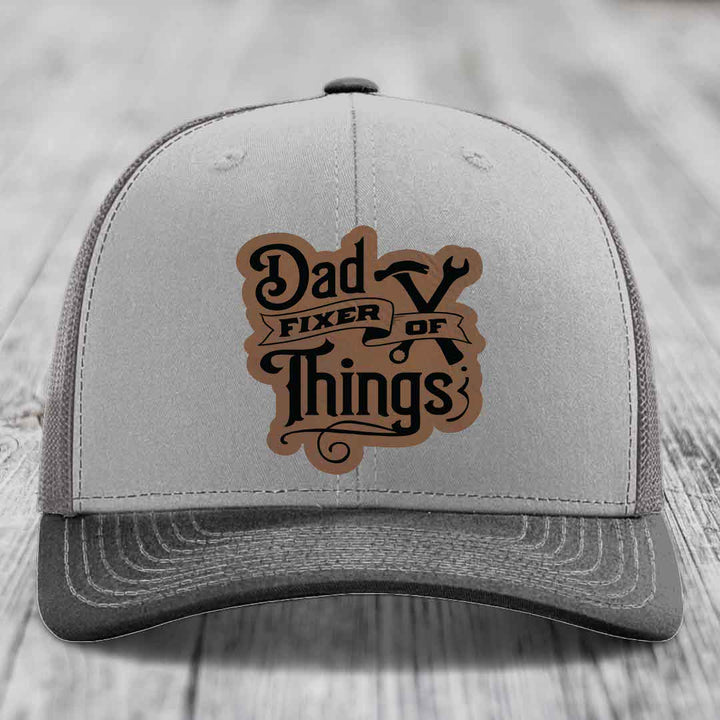 Dad Fixer of Things - Leather Patch Hat - Dark Brown to Black Patch - Richardson 112 Snapback Trucker Hat