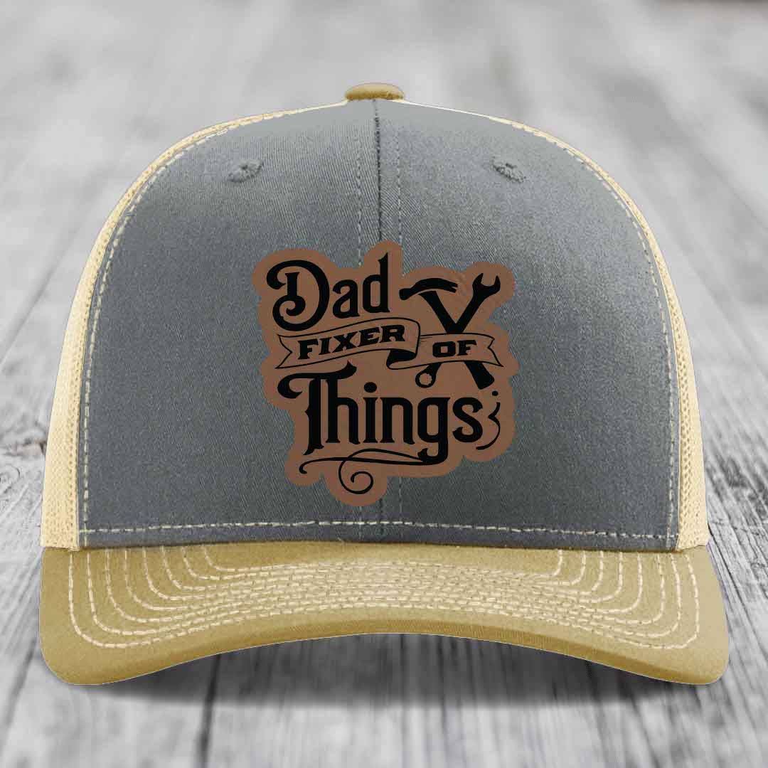 Dad Fixer of Things - Leather Patch Hat - Dark Brown to Black Patch - Richardson 112 Snapback Trucker Hat