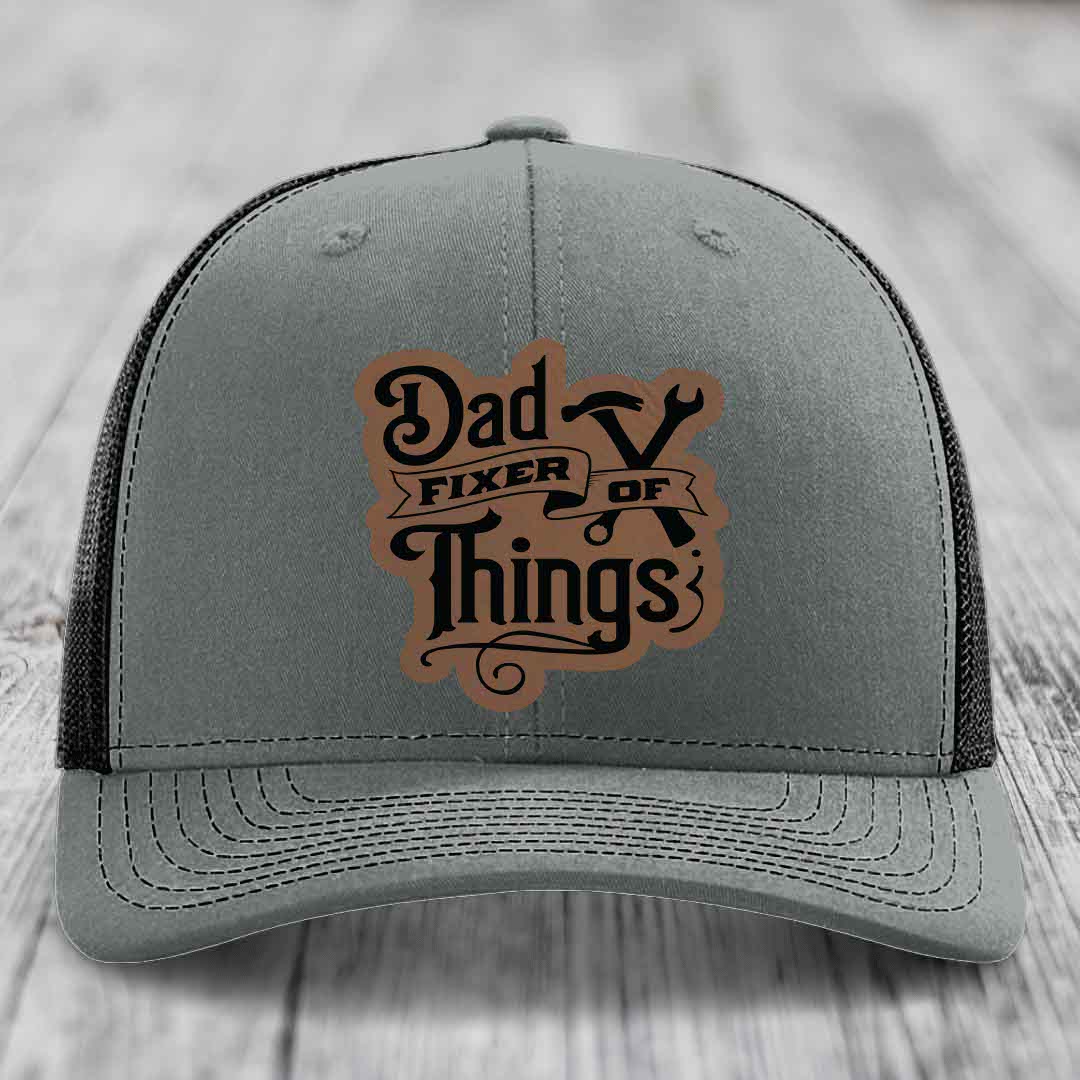Dad Fixer of Things - Leather Patch Hat - Dark Brown to Black Patch - Richardson 112 Snapback Trucker Hat