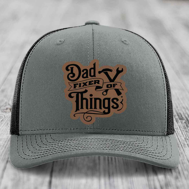 Dad Fixer of Things - Leather Patch Hat - Dark Brown to Black Patch - Richardson 112 Snapback Trucker Hat