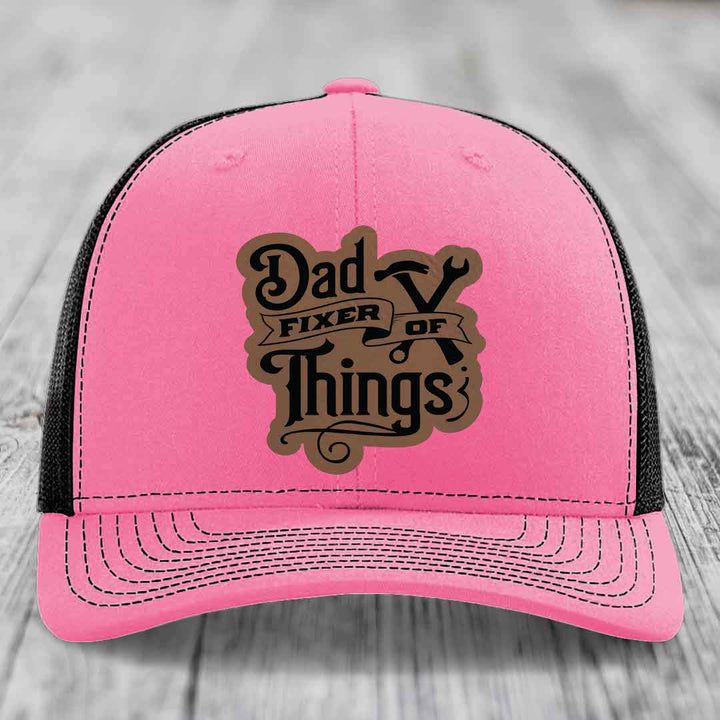 Dad Fixer of Things - Leather Patch Hat - Dark Brown to Black Patch - Richardson 112 Snapback Trucker Hat