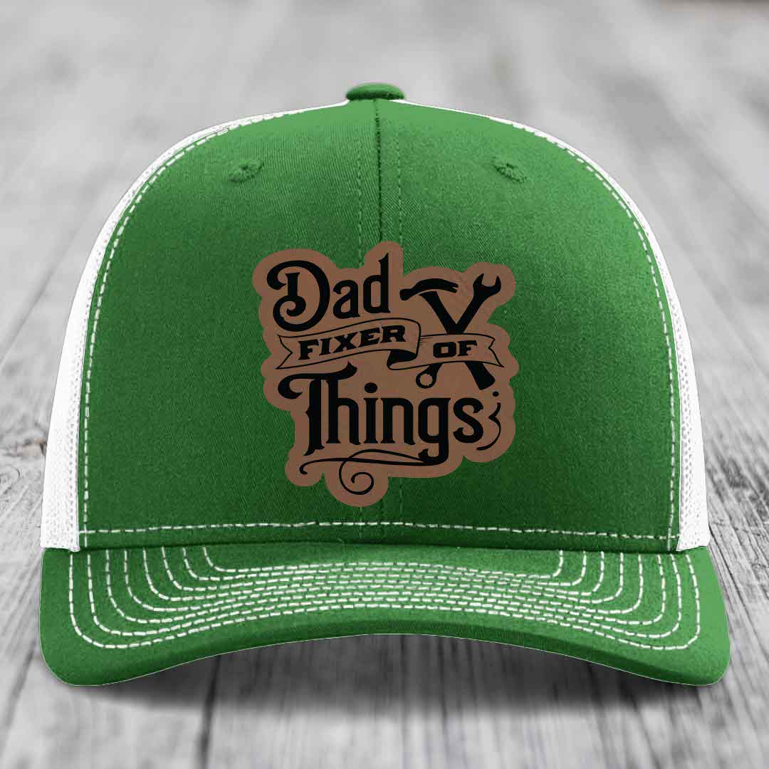 Dad Fixer of Things - Leather Patch Hat - Dark Brown to Black Patch - Richardson 112 Snapback Trucker Hat