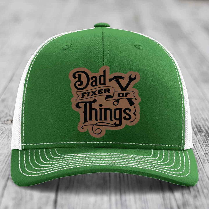 Dad Fixer of Things - Leather Patch Hat - Dark Brown to Black Patch - Richardson 112 Snapback Trucker Hat