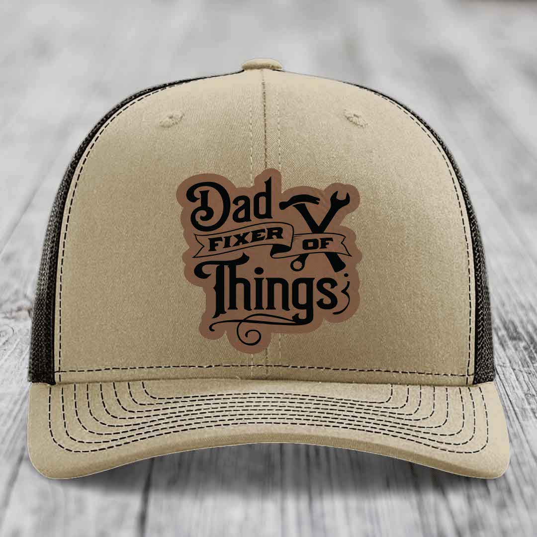 Dad Fixer of Things - Leather Patch Hat - Dark Brown to Black Patch - Richardson 112 Snapback Trucker Hat