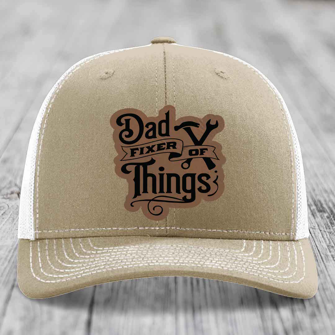 Dad Fixer of Things - Leather Patch Hat - Dark Brown to Black Patch - Richardson 112 Snapback Trucker Hat