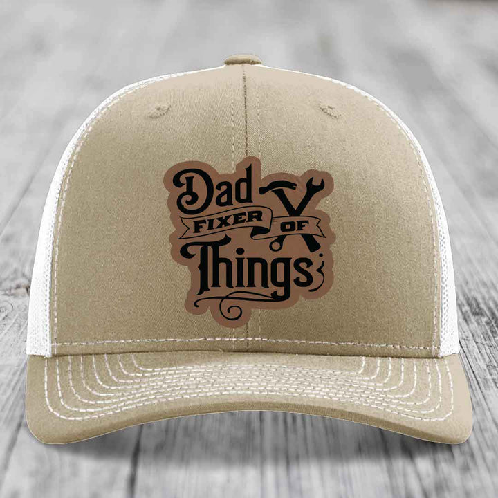 Dad Fixer of Things - Leather Patch Hat - Dark Brown to Black Patch - Richardson 112 Snapback Trucker Hat