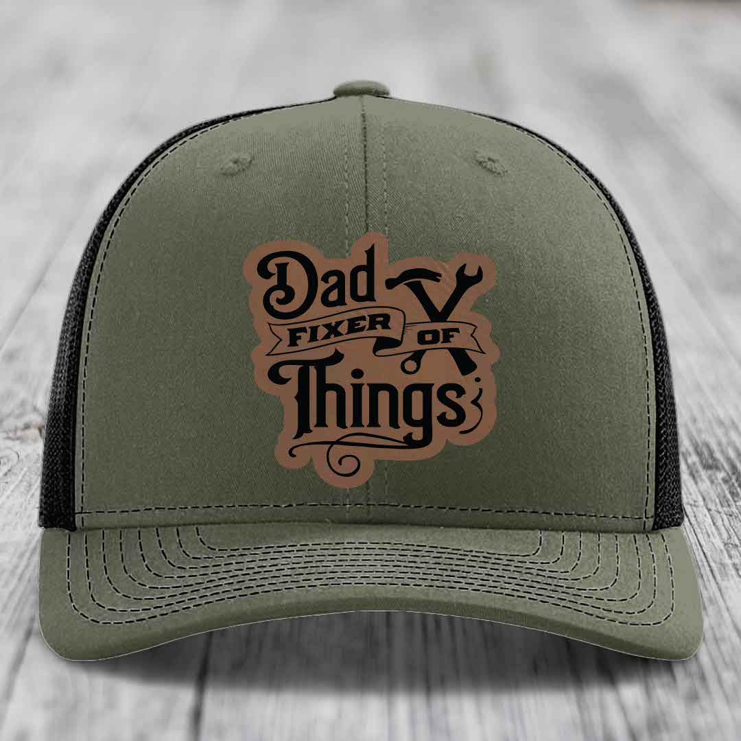Dad Fixer of Things - Leather Patch Hat - Dark Brown to Black Patch - Richardson 112 Snapback Trucker Hat