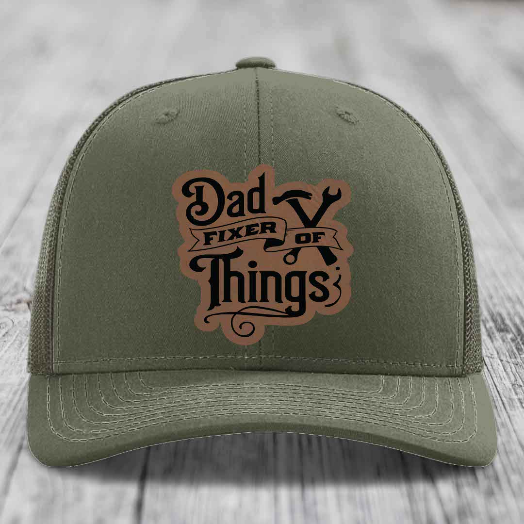 Dad Fixer of Things - Leather Patch Hat - Dark Brown to Black Patch - Richardson 112 Snapback Trucker Hat
