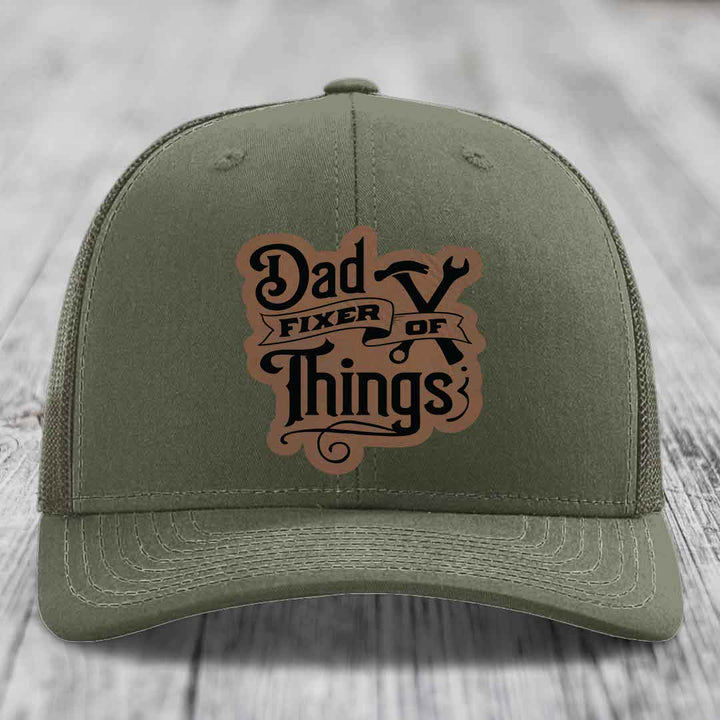 Dad Fixer of Things - Leather Patch Hat - Dark Brown to Black Patch - Richardson 112 Snapback Trucker Hat