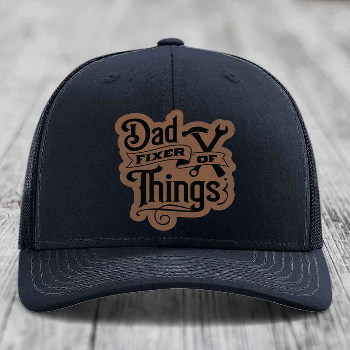 Dad Fixer of Things - Leather Patch Hat - Dark Brown to Black Patch - Richardson 112 Snapback Trucker Hat