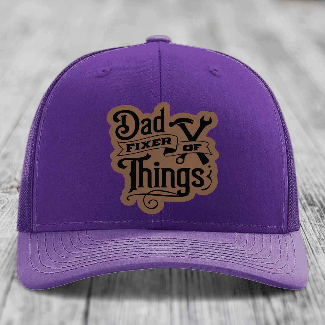 Dad Fixer of Things - Leather Patch Hat - Dark Brown to Black Patch - Richardson 112 Snapback Trucker Hat