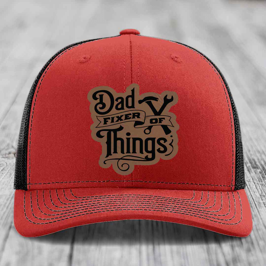 Dad Fixer of Things - Leather Patch Hat - Dark Brown to Black Patch - Richardson 112 Snapback Trucker Hat