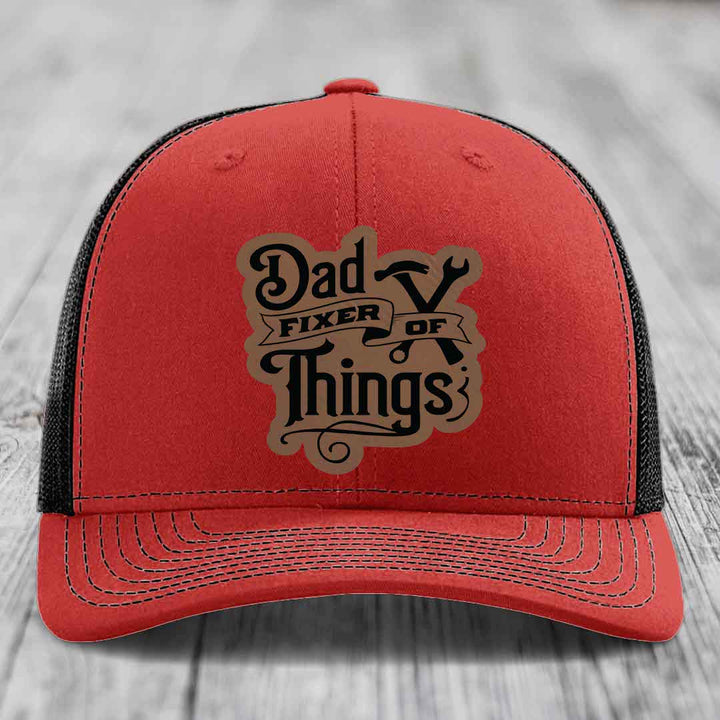 Dad Fixer of Things - Leather Patch Hat - Dark Brown to Black Patch - Richardson 112 Snapback Trucker Hat