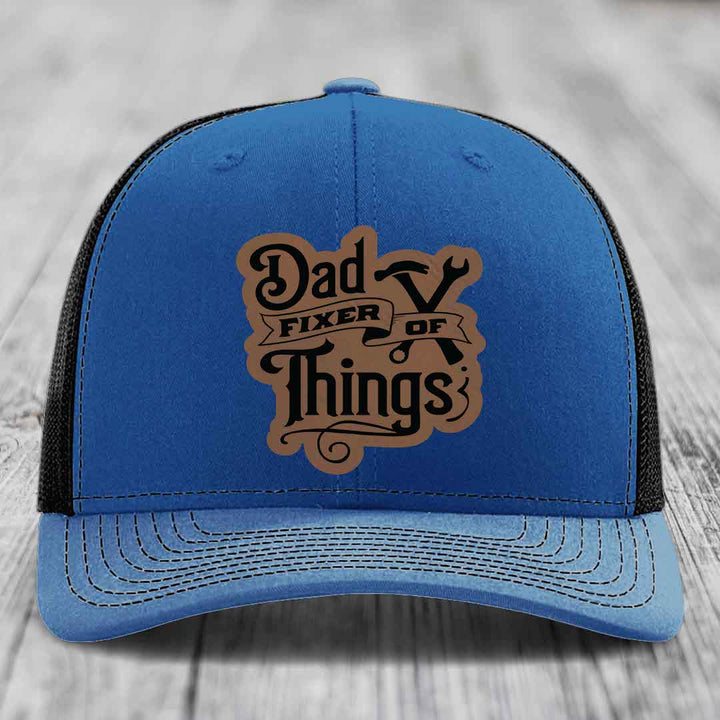 Dad Fixer of Things - Leather Patch Hat - Dark Brown to Black Patch - Richardson 112 Snapback Trucker Hat