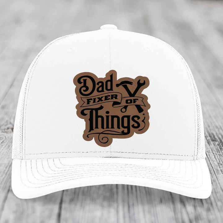 Dad Fixer of Things - Leather Patch Hat - Dark Brown to Black Patch - Richardson 112 Snapback Trucker Hat