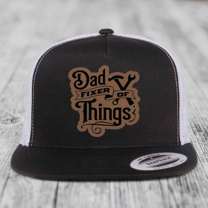 Dad Fixer of Things - Leather Patch Hat - Dark Brown to Black Patch - Yupoong 6006 Snapback Flatbill Hat