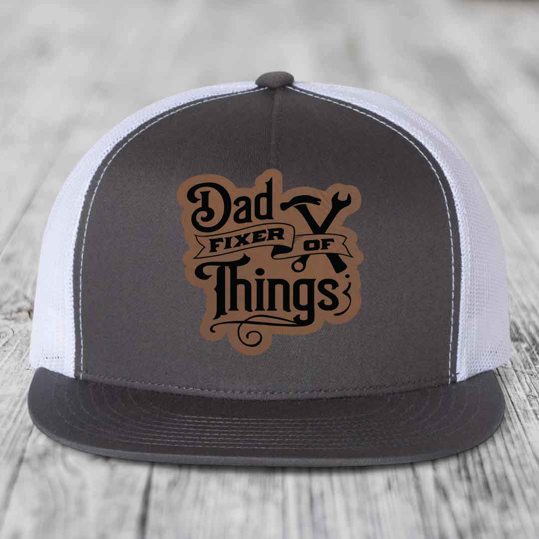 Dad Fixer of Things - Leather Patch Hat - Dark Brown to Black Patch - Yupoong 6006 Snapback Flatbill Hat