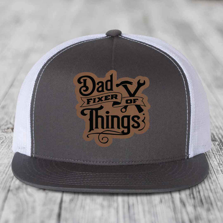 Dad Fixer of Things - Leather Patch Hat - Dark Brown to Black Patch - Yupoong 6006 Snapback Flatbill Hat