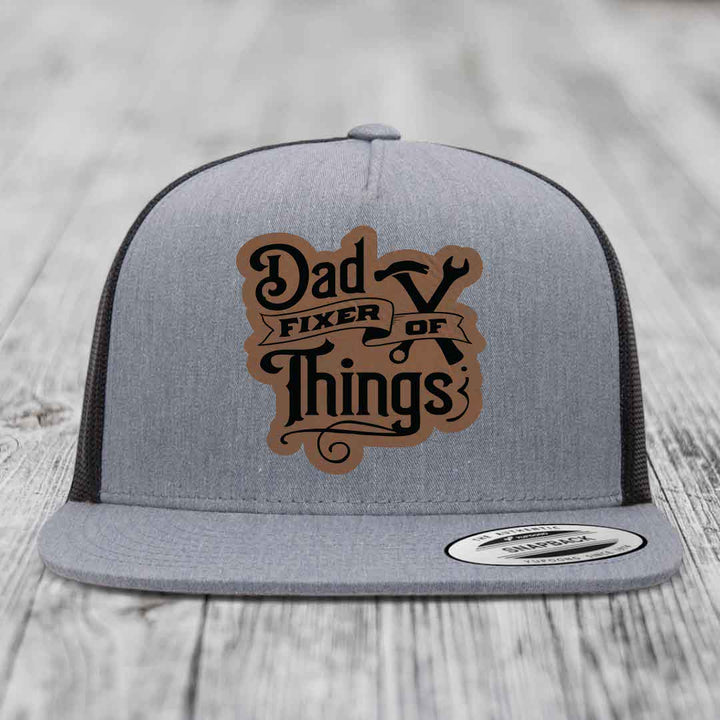Dad Fixer of Things - Leather Patch Hat - Dark Brown to Black Patch - Yupoong 6006 Snapback Flatbill Hat