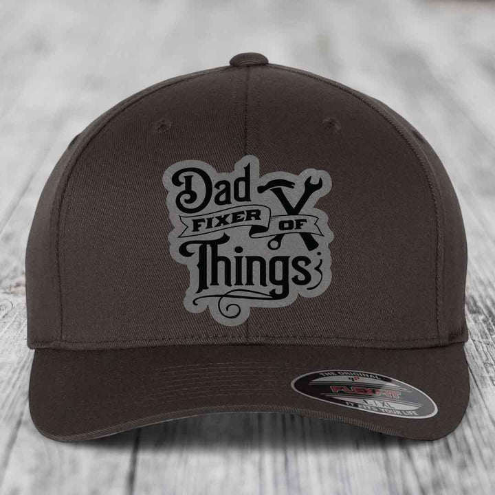 Dad Fixer of Things - Leather Patch Hat - Grey to Black Patch - Flexfit 6277 Fitted Hat