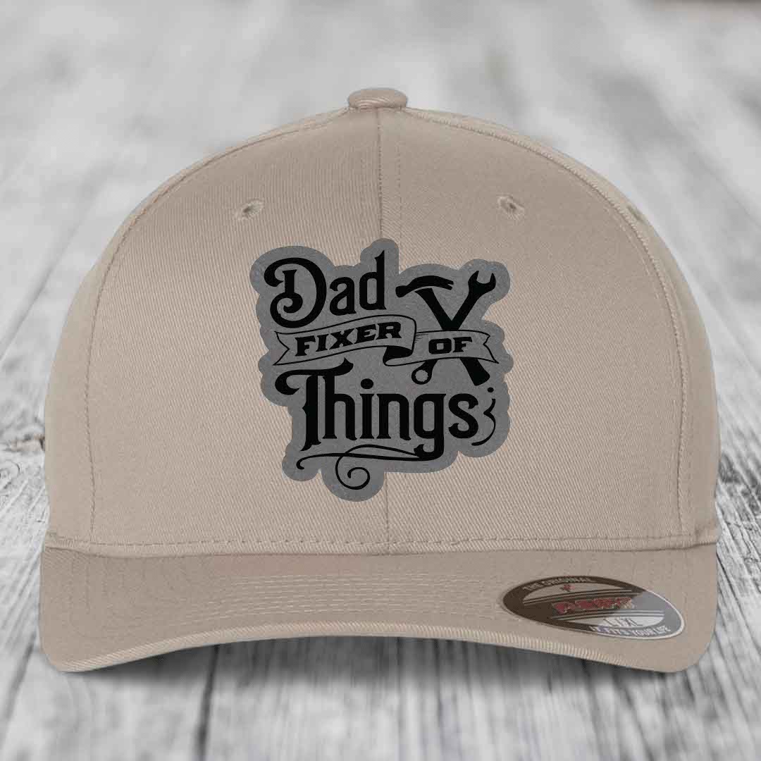 Dad Fixer of Things - Leather Patch Hat - Grey to Black Patch - Flexfit 6277 Fitted Hat