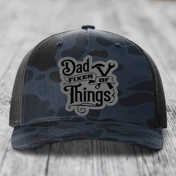 Dad Fixer of Things - Leather Patch Hat - Grey to Black Patch - Richardson 112PFP Snapback Trucker Hat