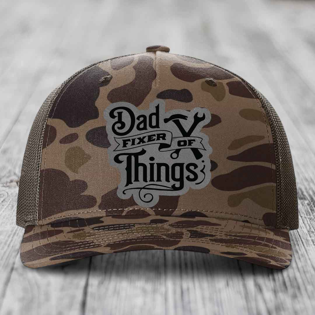 Dad Fixer of Things - Leather Patch Hat - Grey to Black Patch - Richardson 112PFP Snapback Trucker Hat