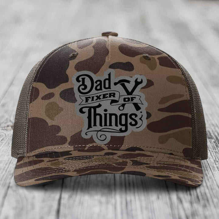 Dad Fixer of Things - Leather Patch Hat - Grey to Black Patch - Richardson 112PFP Snapback Trucker Hat