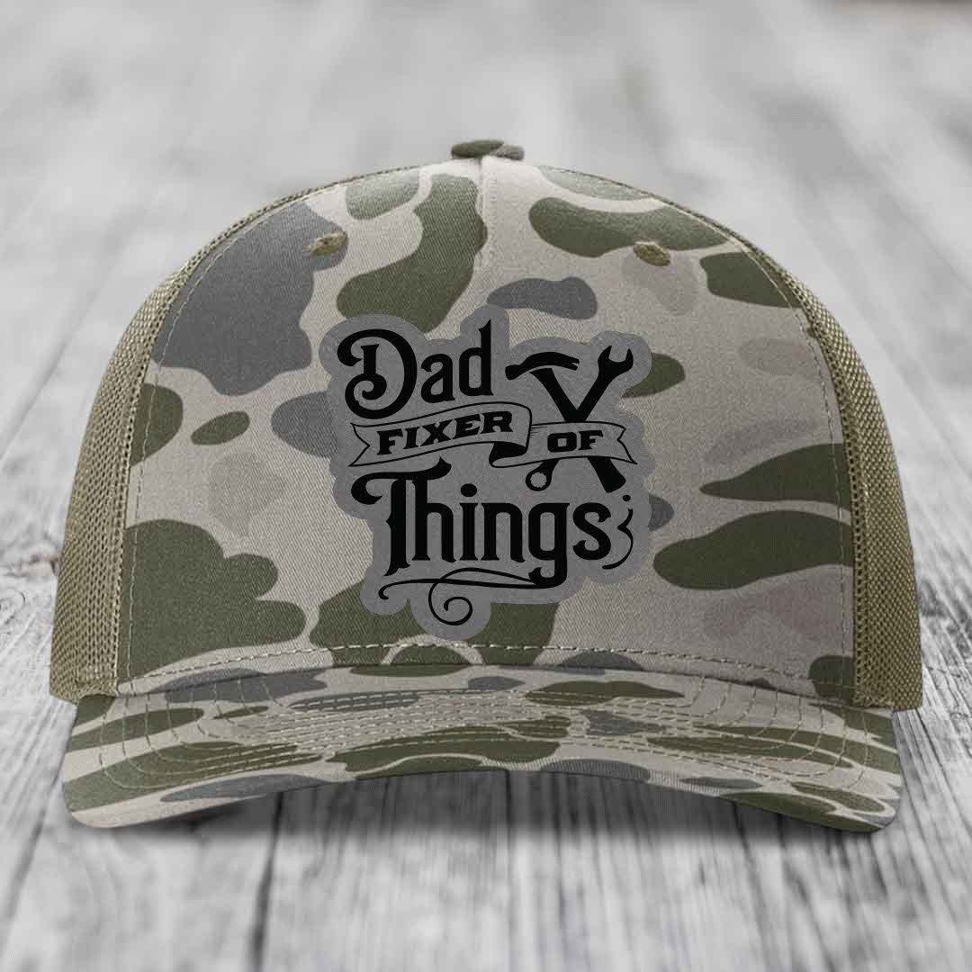 Dad Fixer of Things - Leather Patch Hat - Grey to Black Patch - Richardson 112PFP Snapback Trucker Hat