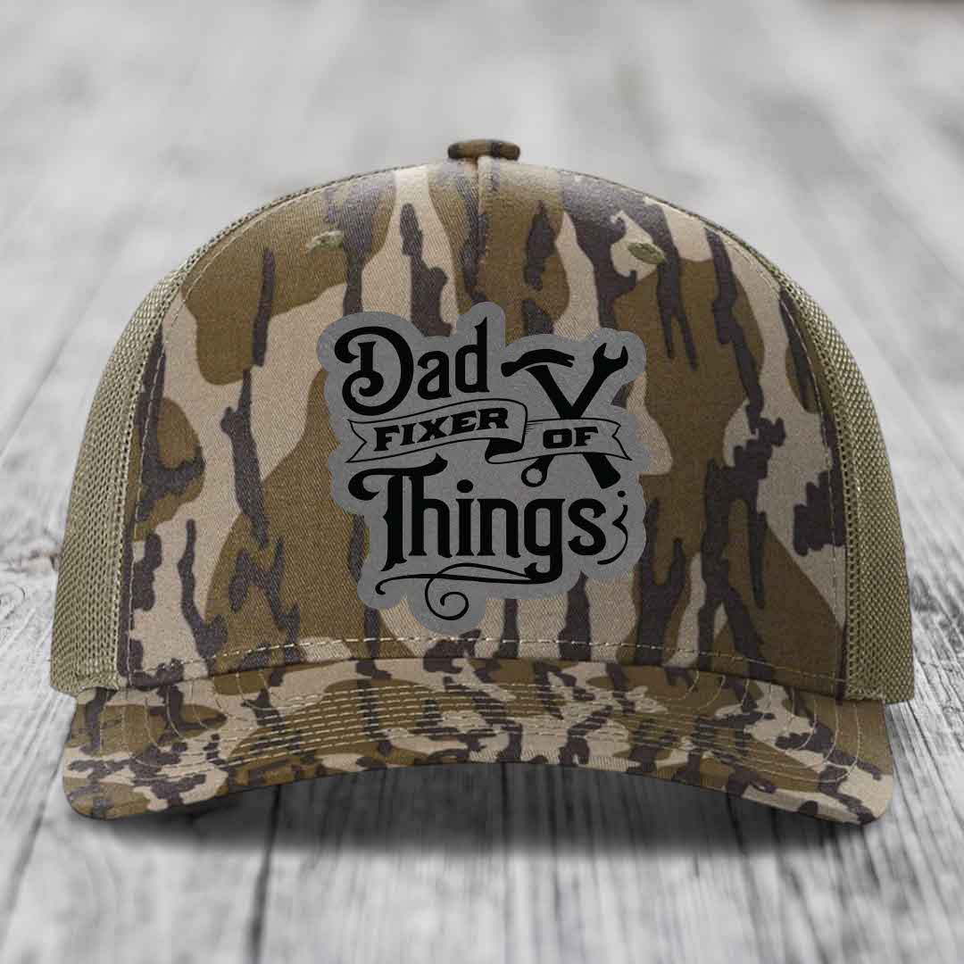 Dad Fixer of Things - Leather Patch Hat - Grey to Black Patch - Richardson 112PFP Snapback Trucker Hat
