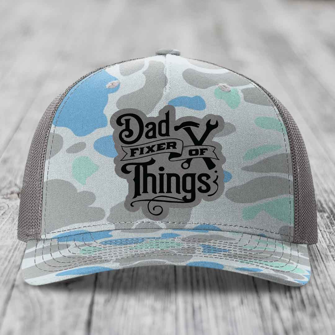 Dad Fixer of Things - Leather Patch Hat - Grey to Black Patch - Richardson 112PFP Snapback Trucker Hat