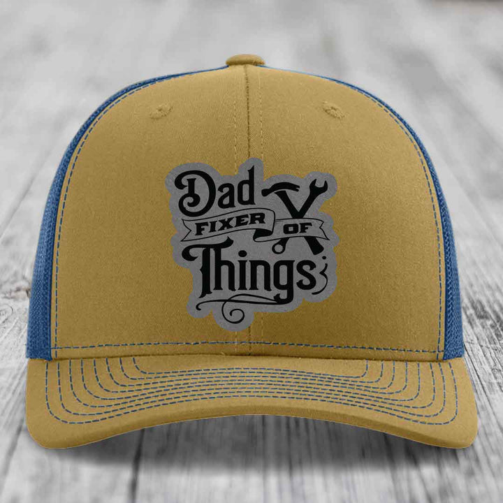 Dad Fixer of Things - Leather Patch Hat - Grey to Black Patch - Richardson 112 Snapback Trucker Hat
