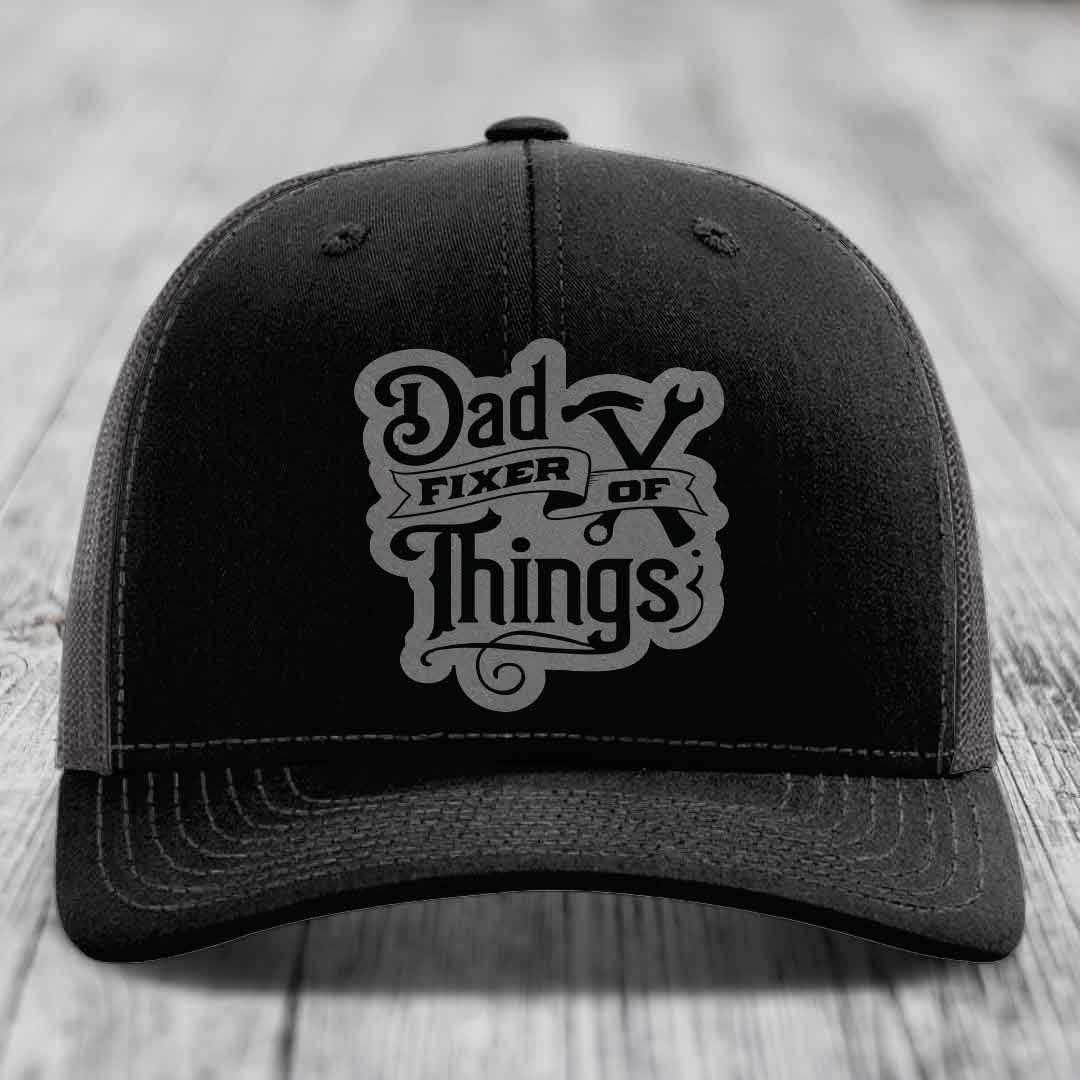 Dad Fixer of Things - Leather Patch Hat - Grey to Black Patch - Richardson 112 Snapback Trucker Hat