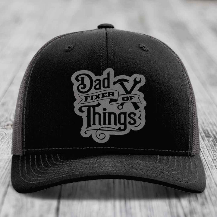 Dad Fixer of Things - Leather Patch Hat - Grey to Black Patch - Richardson 112 Snapback Trucker Hat