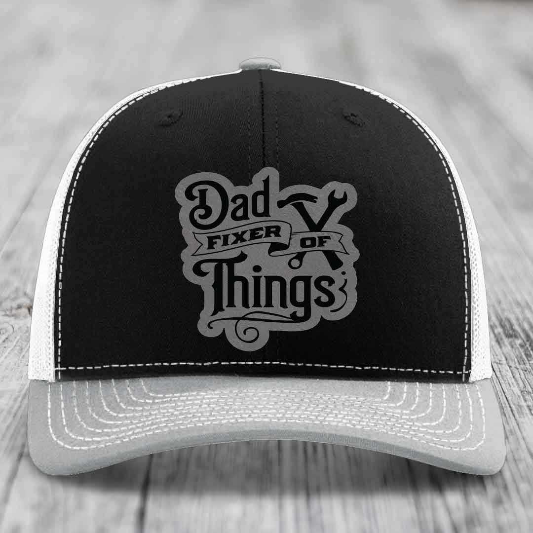 Dad Fixer of Things - Leather Patch Hat - Grey to Black Patch - Richardson 112 Snapback Trucker Hat