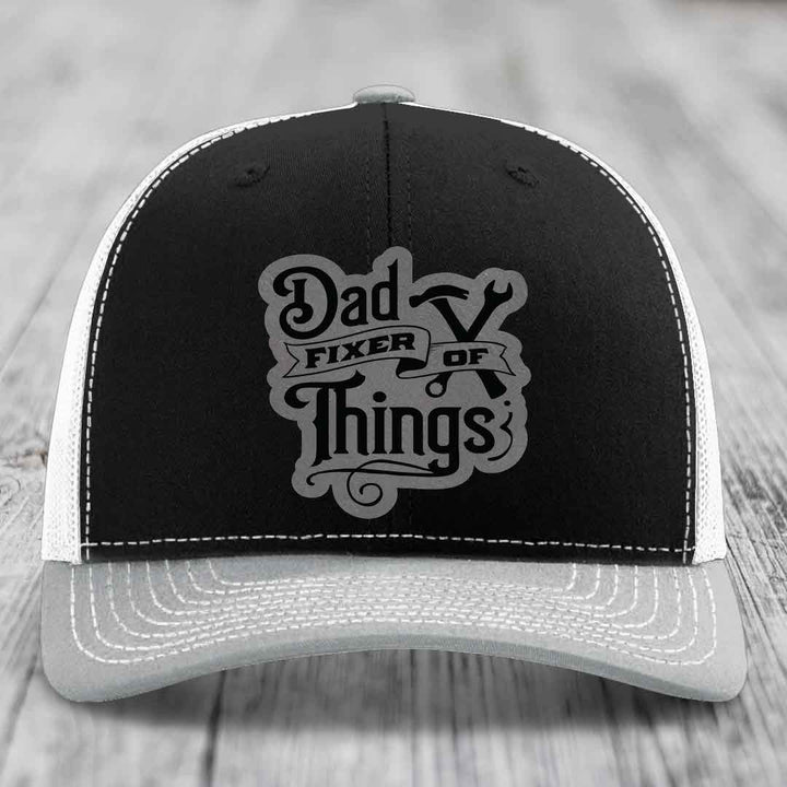 Dad Fixer of Things - Leather Patch Hat - Grey to Black Patch - Richardson 112 Snapback Trucker Hat
