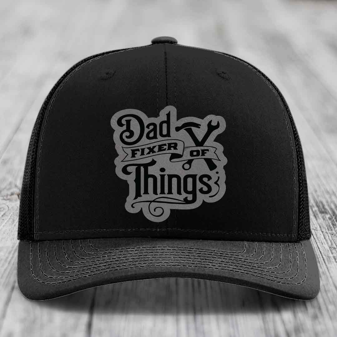 Dad Fixer of Things - Leather Patch Hat - Grey to Black Patch - Richardson 112 Snapback Trucker Hat